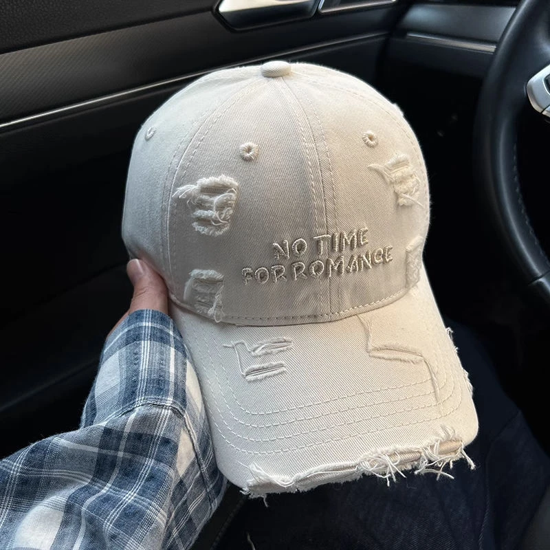 韩版破洞棒球帽女春夏新款刺绣水洗棉鸭舌帽子显脸小加宽帽檐软顶