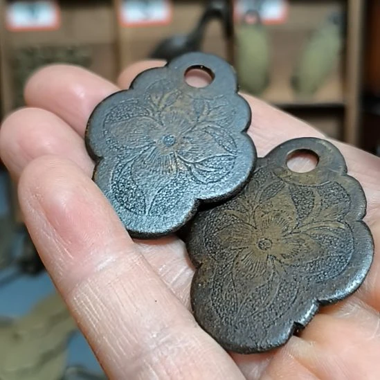 秋***叶镀金拉手一对，包浆自然