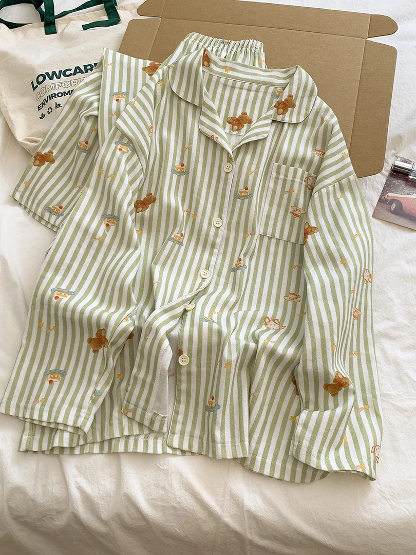 韩系条纹可爱小熊睡衣女款春秋季纯棉磨毛长袖长裤休闲家居服外穿