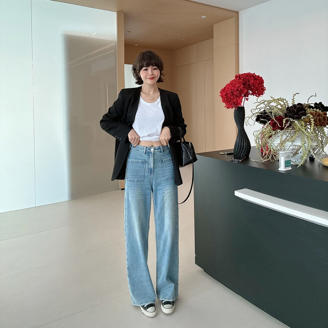 春夏新款直筒宽松垂根据浅蓝牛仔拖地裤