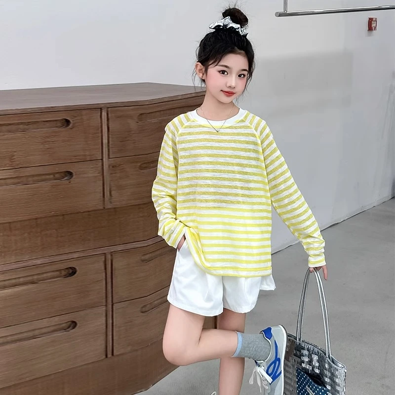 女童多巴胺罩衫2025春夏新款大童慵懒风宽松洋气撞色条纹防晒t恤