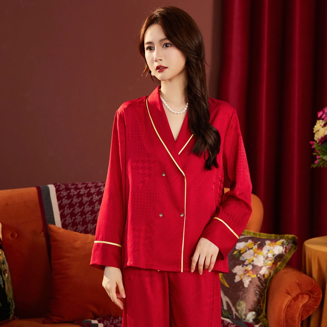 达芬奇密码罗曼庄园红色轻奢秋冬本命年女士套装长袖家居服睡衣