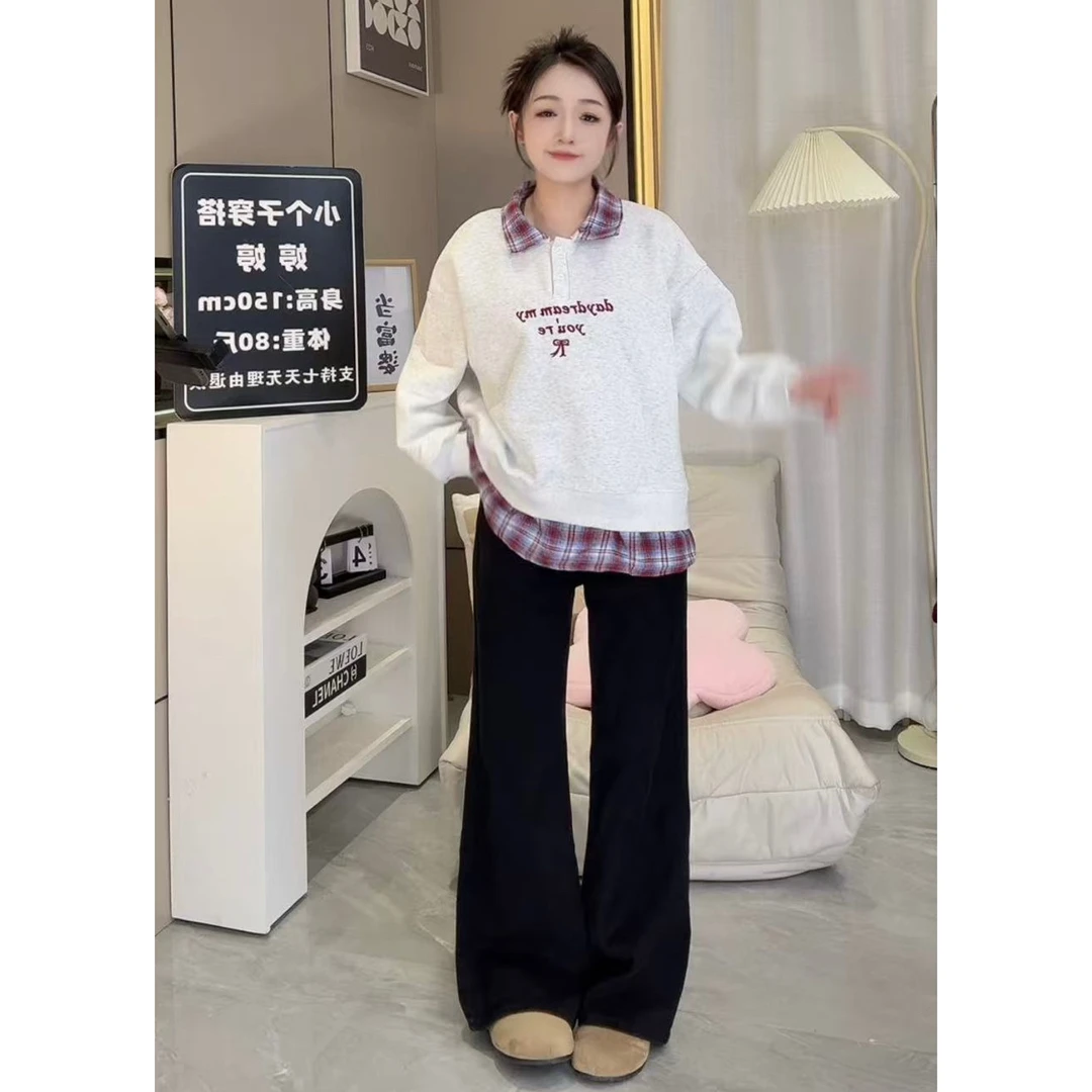 【婷婷家】小个子秋季格子拼接假两件卫衣#9037