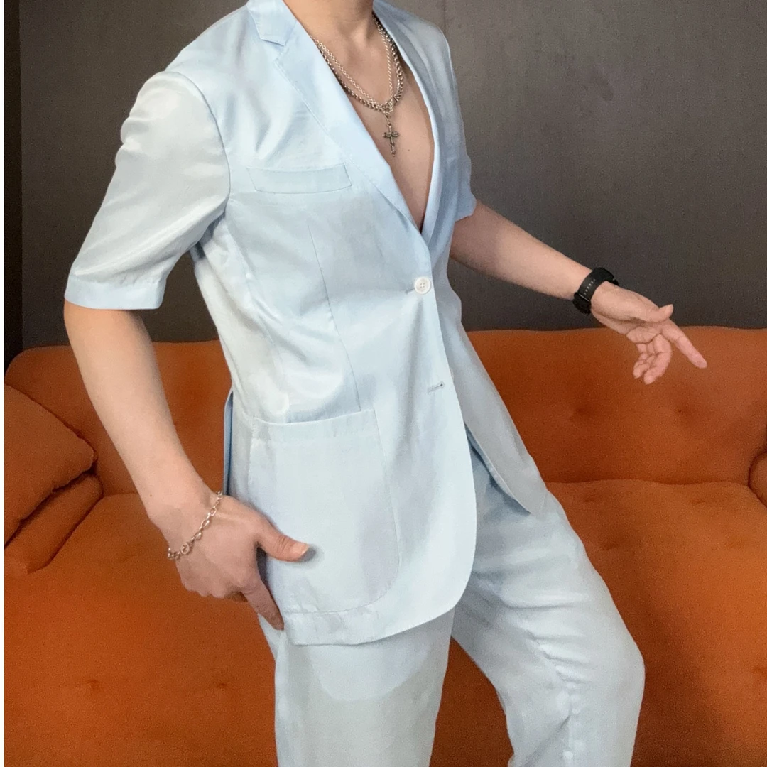 WZZ夏季男士7色短袖设计师高定轻奢套装手工私服气质修身透气舒适