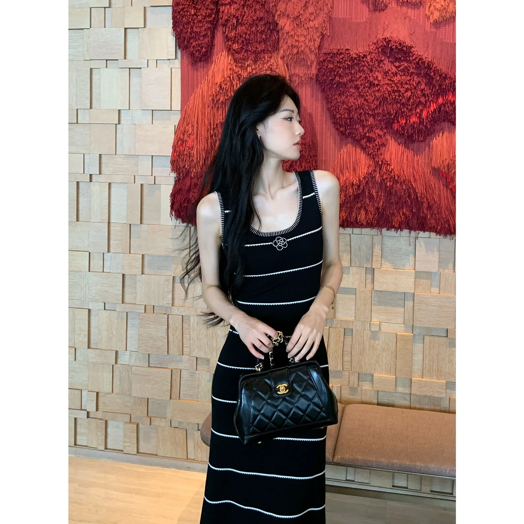 JIJINQI韩版中长裙条纹A字裙夏季新款无袖针织连衣裙JD07LMPT1509