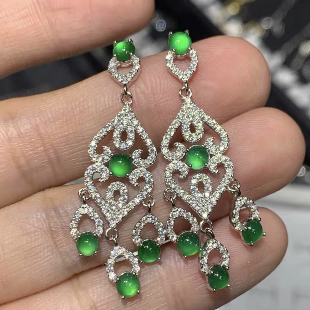 925银耳饰 爆款新款S925银镶嵌天然A货高冰满绿蛋面如意耳坠耳钉