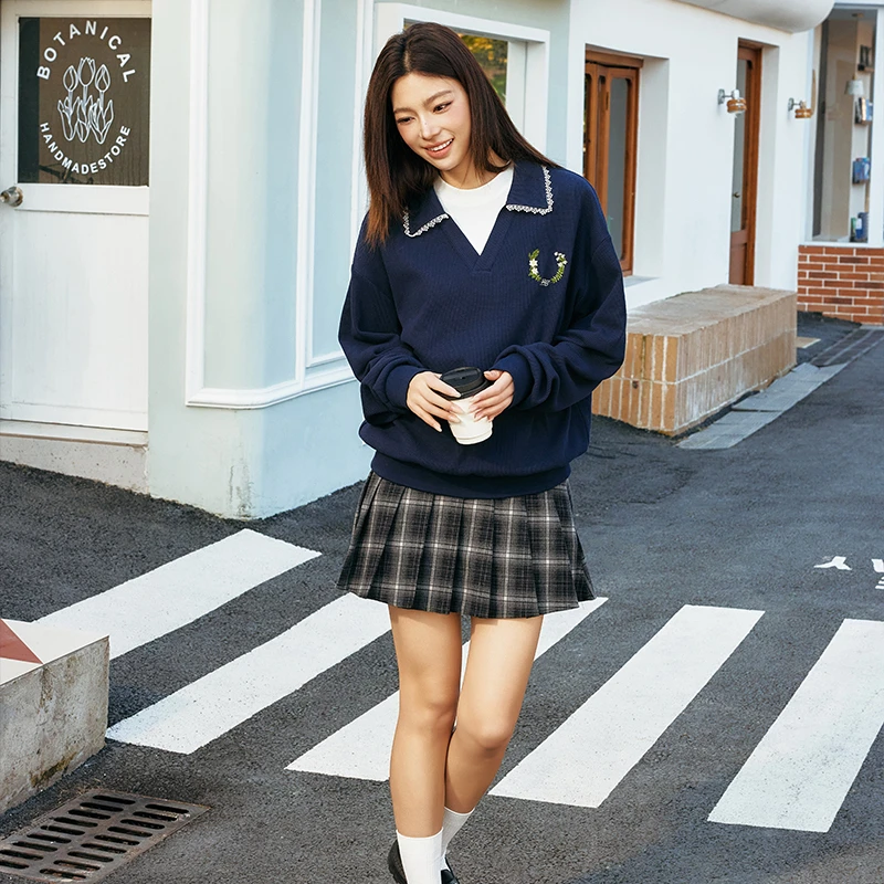 harshandcruel韩系藏蓝色华夫格V领学院风蕾丝边宽松海鸥领polo衫