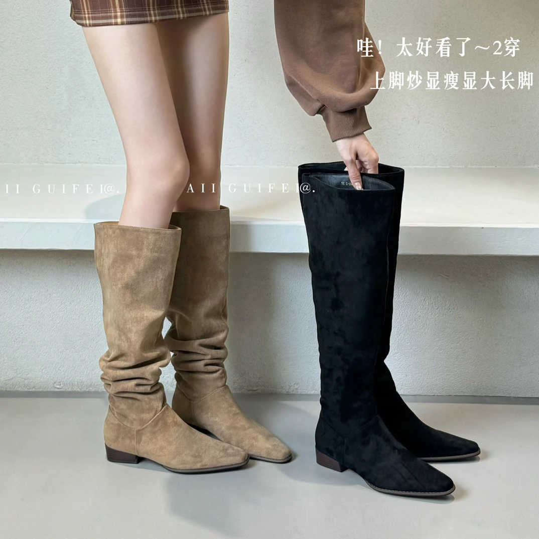 2025秋冬新品！加宽大筒围腿靴女鞋粗跟秋季弹力时装靴显瘦堆堆靴