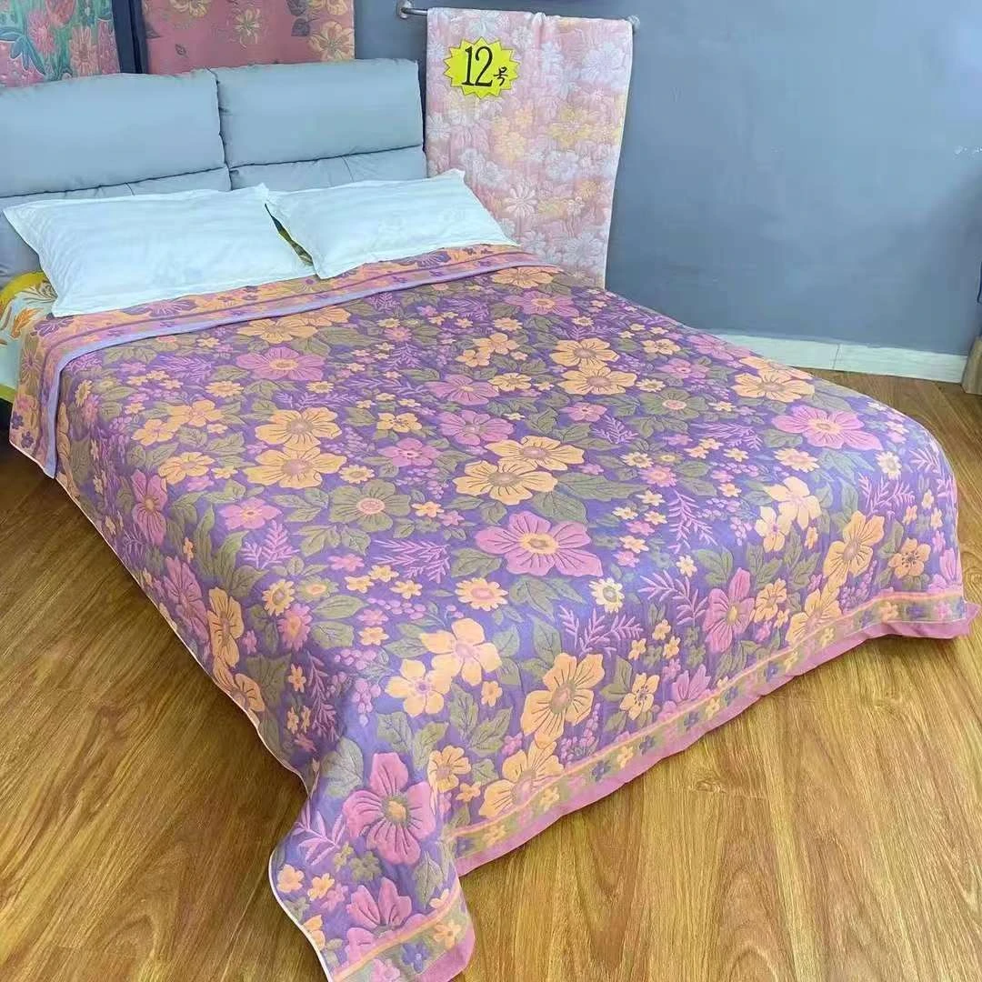 紫色墨莲230X200多功能高档纱布盖被休闲毯柔软纯棉加大床盖
