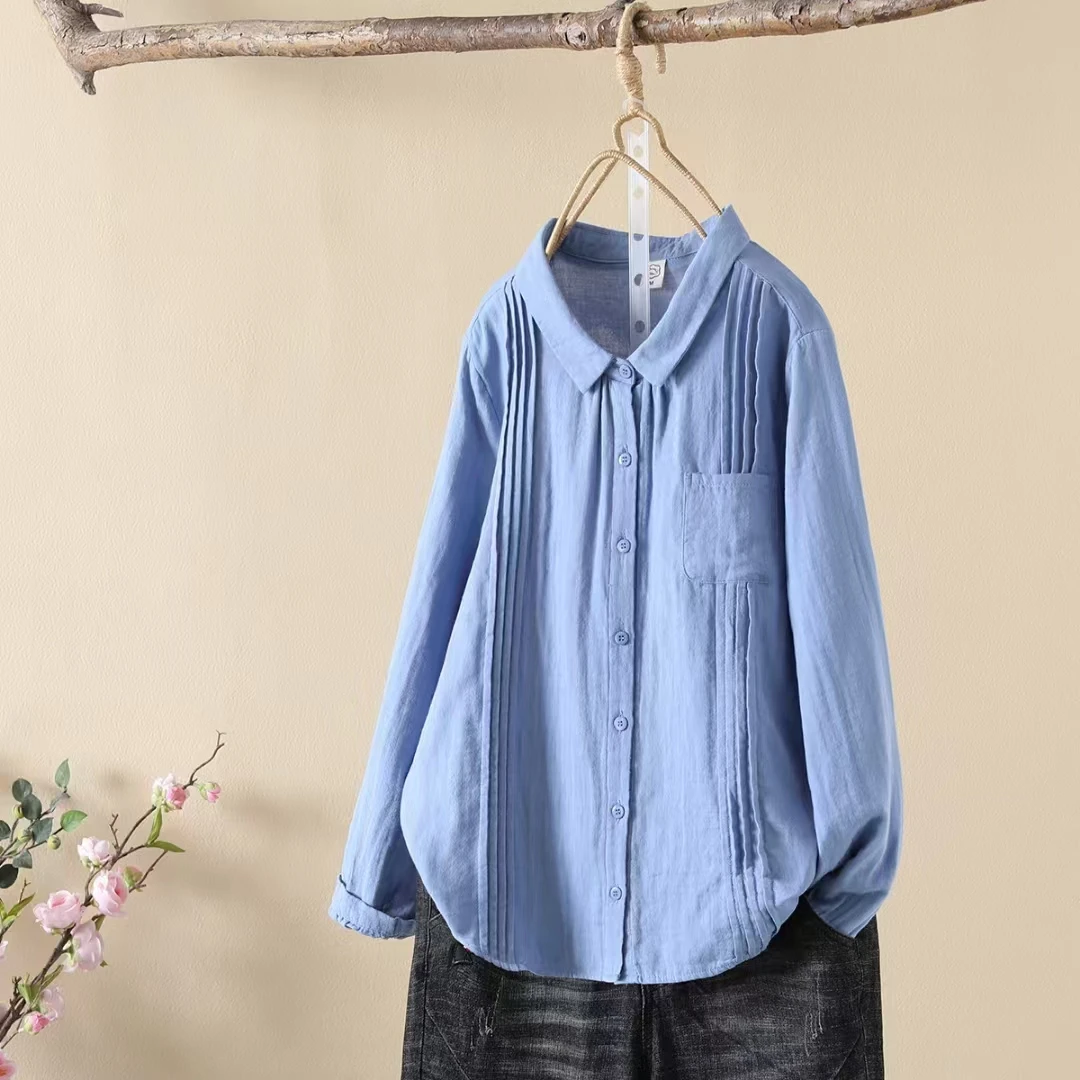 2025春季长袖不规则婴儿棉双层纱宽松百搭衬衫上衣女纯色8107