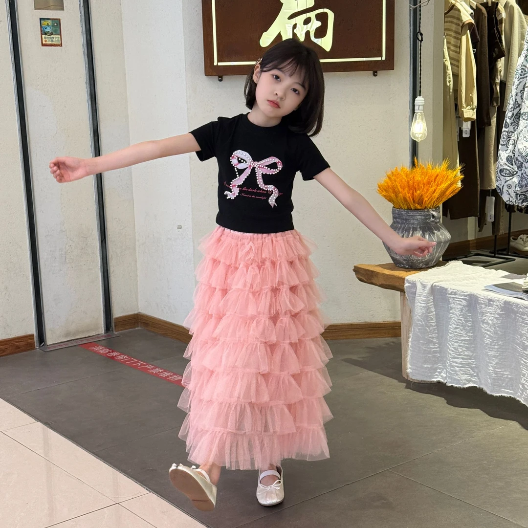 法式气质半身裙女中大童2025新款高腰垂感百搭显瘦A字网纱蛋糕裙