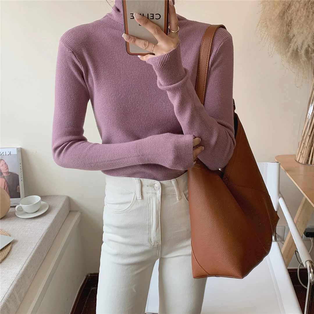早秋新款女装高级感堆堆领毛衣秋冬针织打底衫高领内搭紫色上衣服