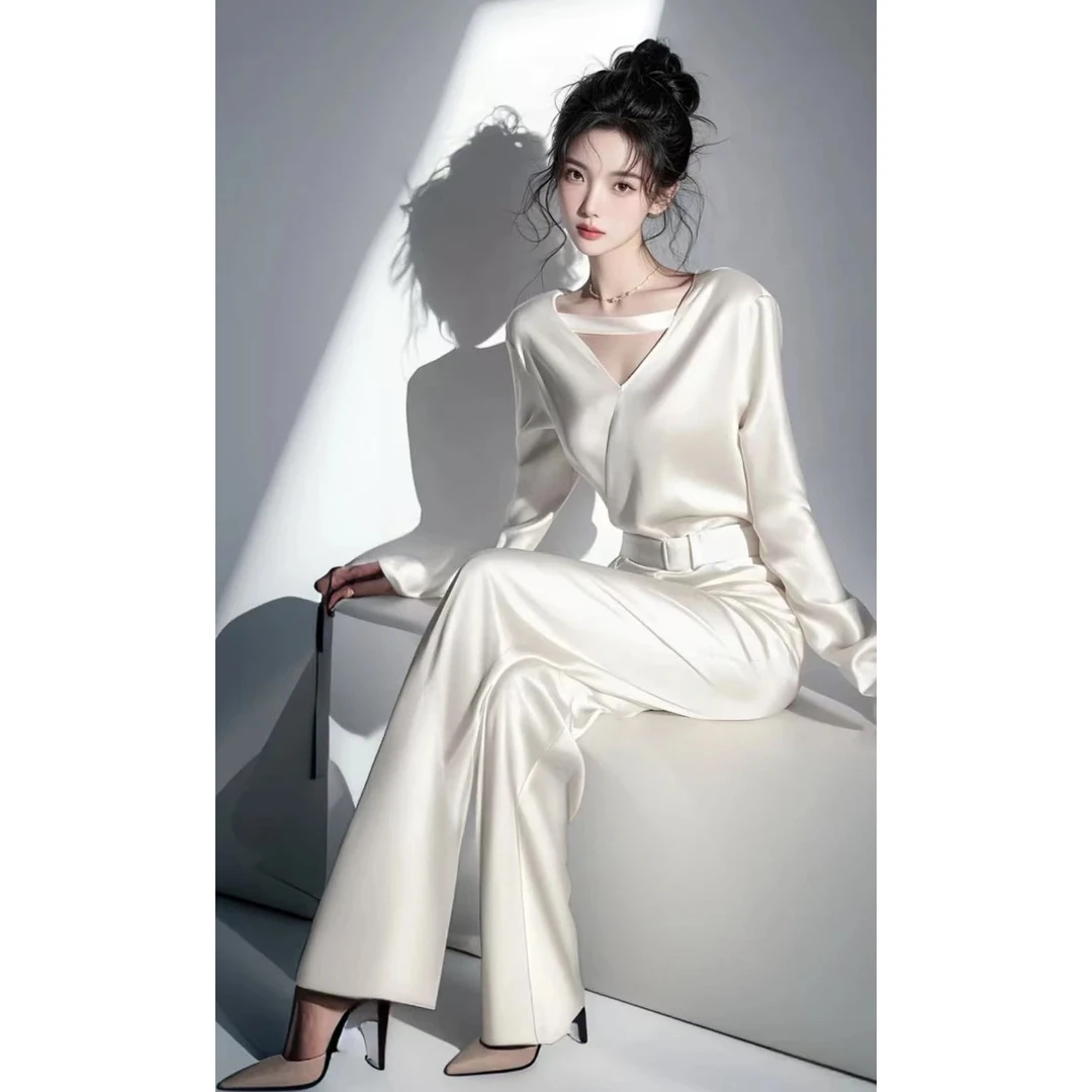 春季新款一整套盐系炸街高级感小洋装干练气质白色上衣缎面套装裤