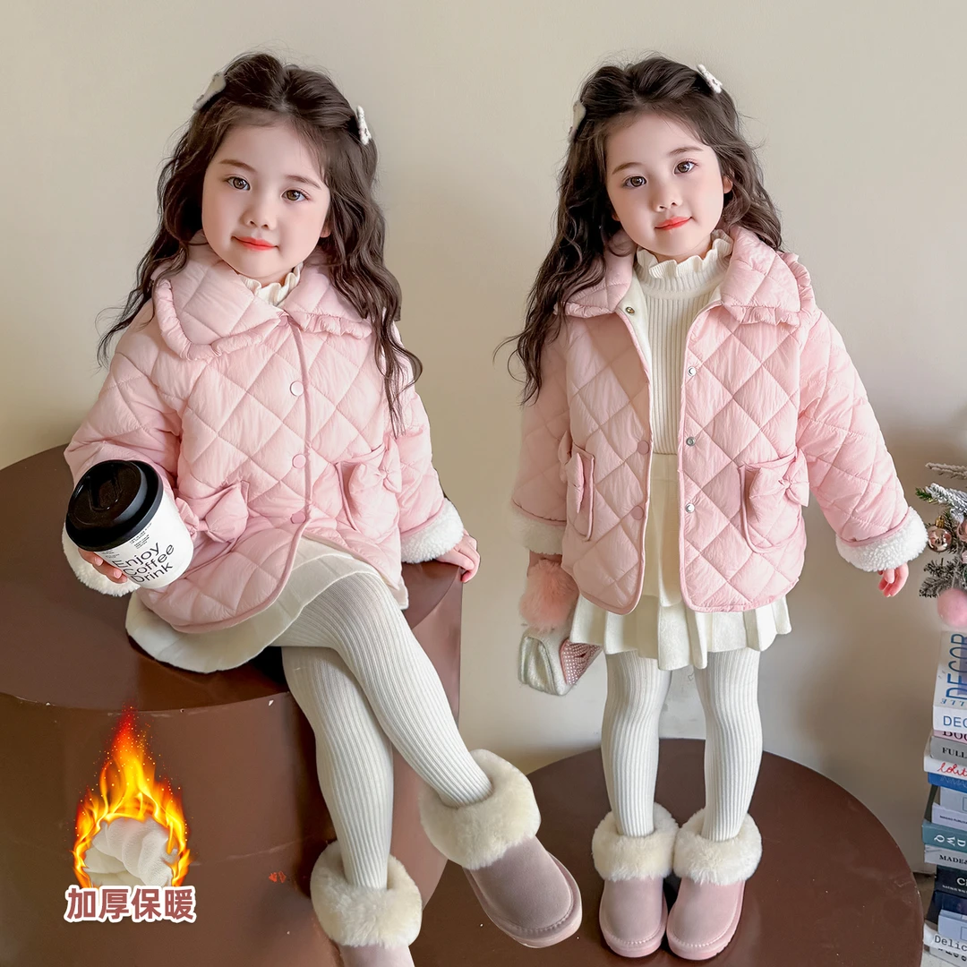 中小童冬装时尚口袋蝴蝶结棉衣2025新款儿童洋气女宝宝加厚棉服潮