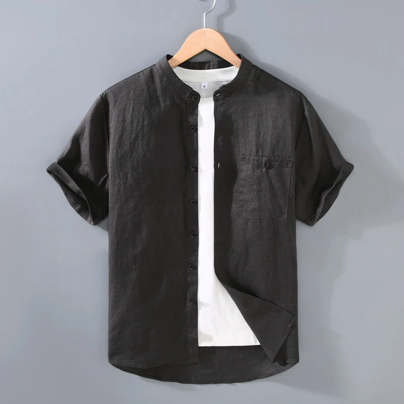 复古休闲纯亚麻短袖衬衫100%全麻料衬衣麻布男装透气舒适上衣寸衫