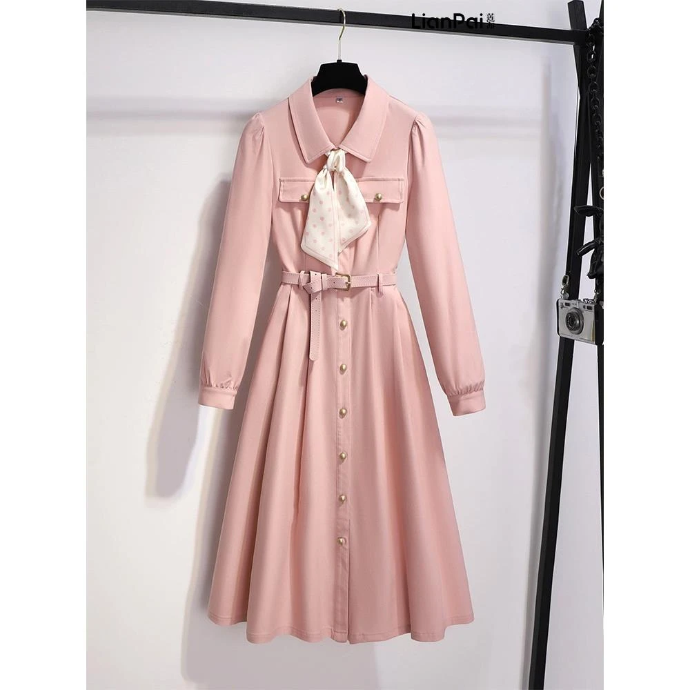 粉色高端时尚法式POLO领带围巾连衣裙女2025早春新款气质A字长裙