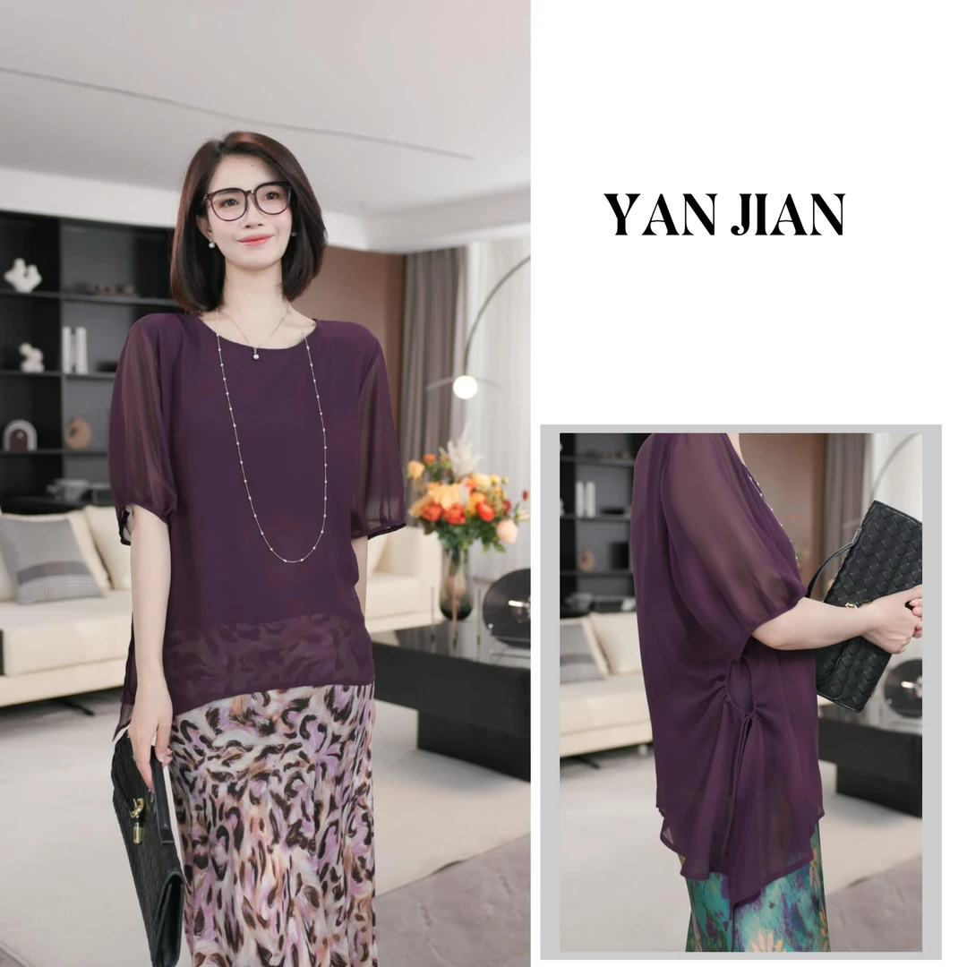 YAN JIAN【紫璃半夏】乔其纱双层侧边开孔系绳设计不规则下摆上衣