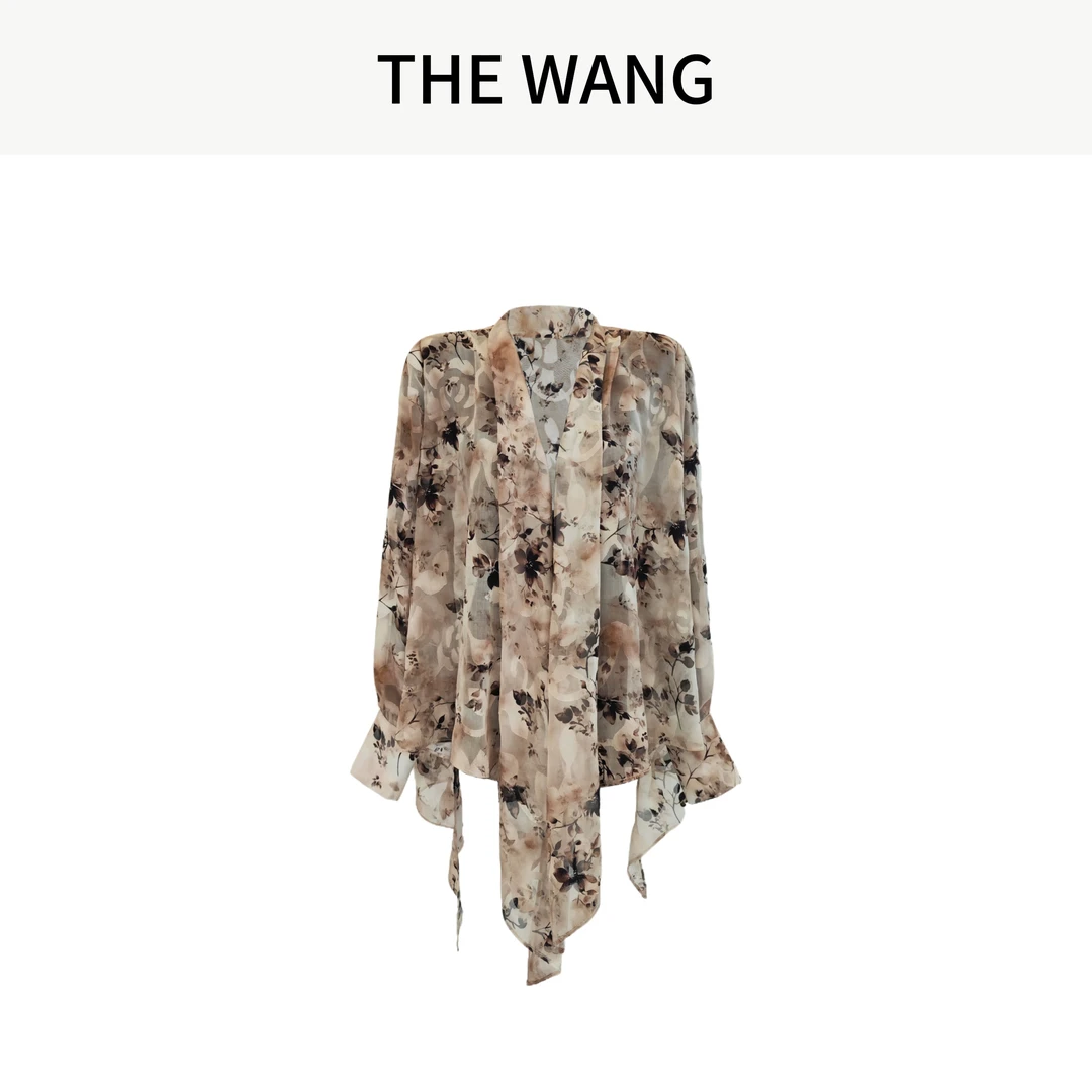THE WANG 康桥晚风 叶影印花系绳丝巾片式V领长袖衬衫