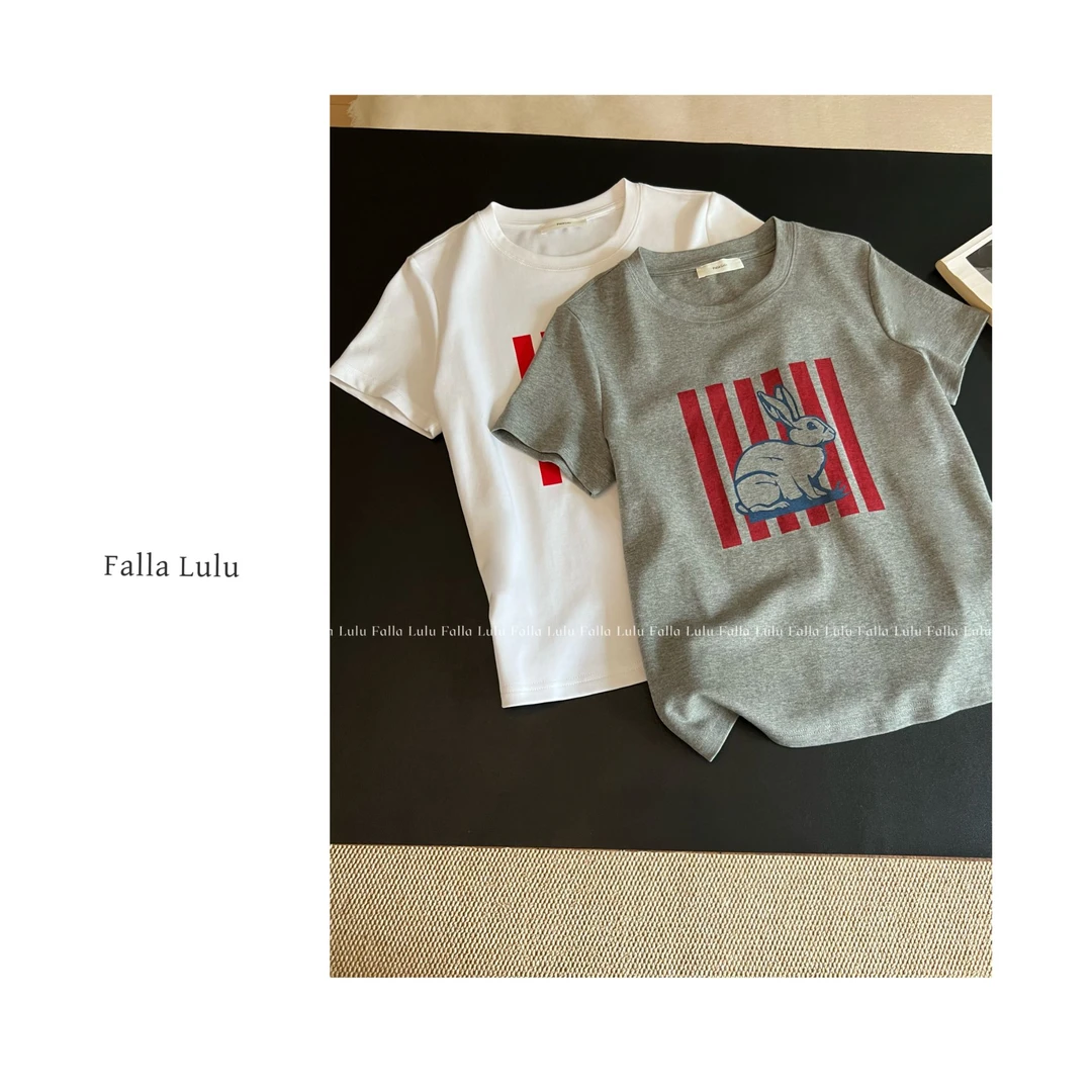 【大白兔】夏季松弛百搭正肩印花T恤A5909