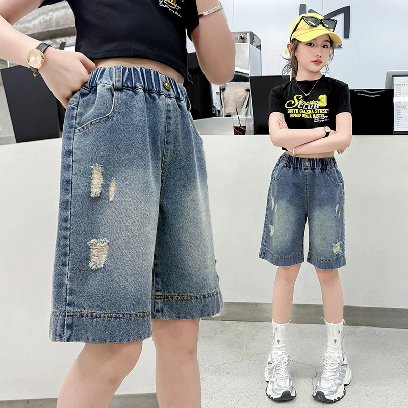 女童裤子夏季薄款破洞中裤夏天宽松洋气五分裤大童夏装儿童牛仔裤
