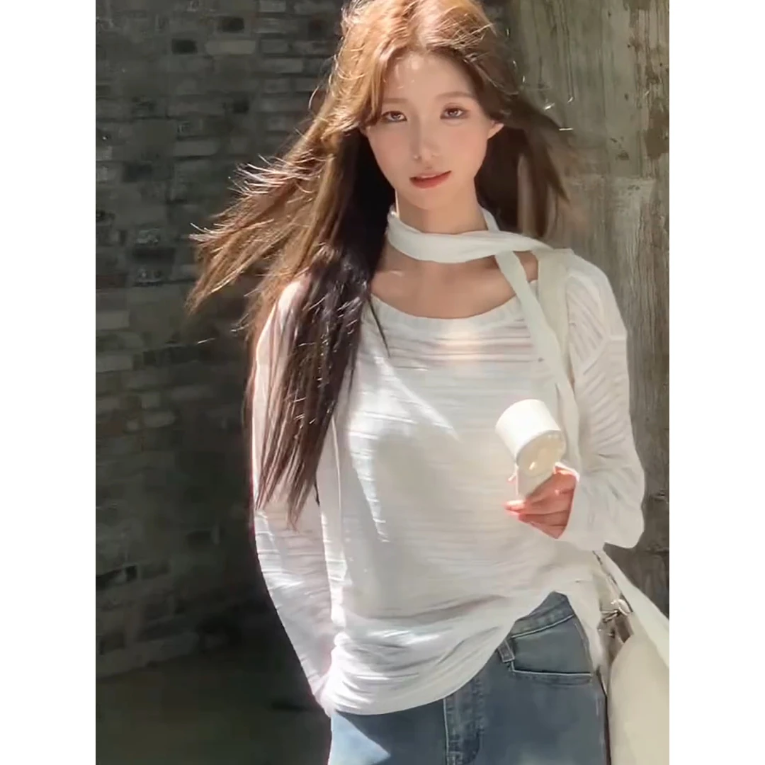 【卢昱晓同款】美式复古长袖T恤上衣白色夏季薄款镂空针织防晒罩衫