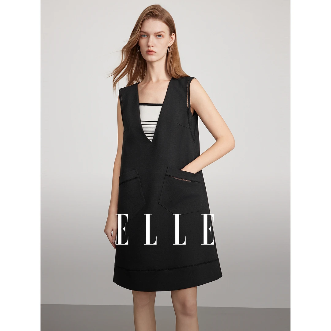 【达人专属】ELLE黑色拼接设计感V领连衣裙25夏新款赫本风EL51575