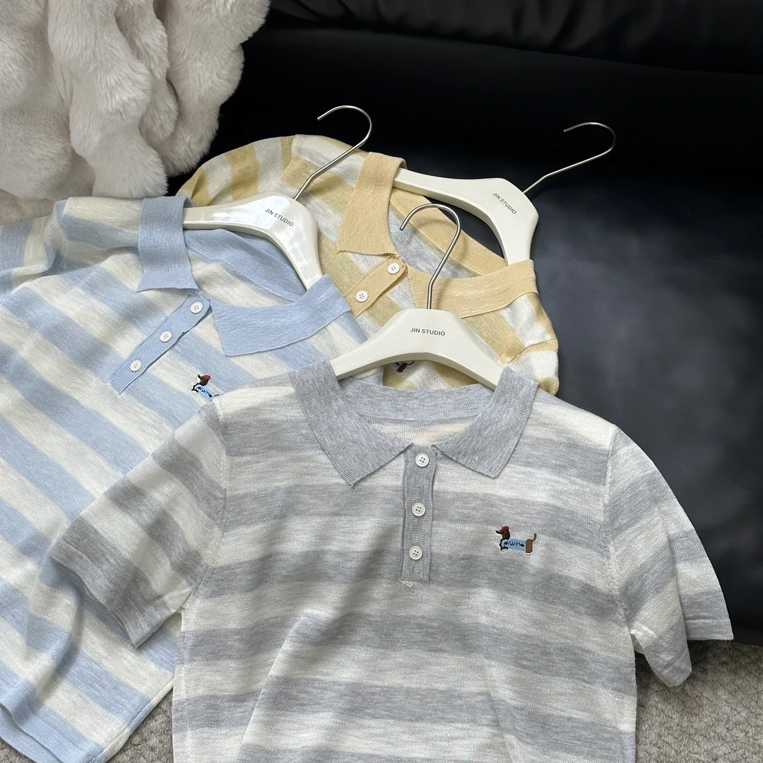 【锦衣鹊羽】3007三扣大版宽松Polo狗狗刺绣短袖针织衫夏季薄款麻感