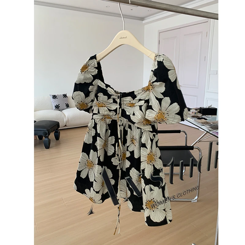 阿昕亮晶晶 花满溪 全棉数码印花后打缆设计泡泡袖上衣AX250015