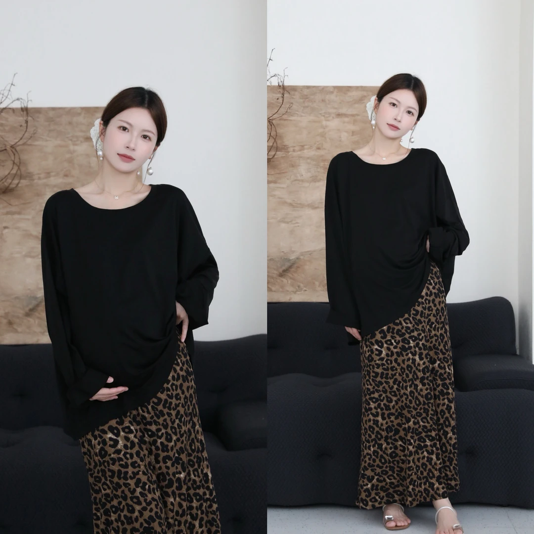 senenmu 黑t+豹纹半裙 新款两件套宽松时尚孕妇装