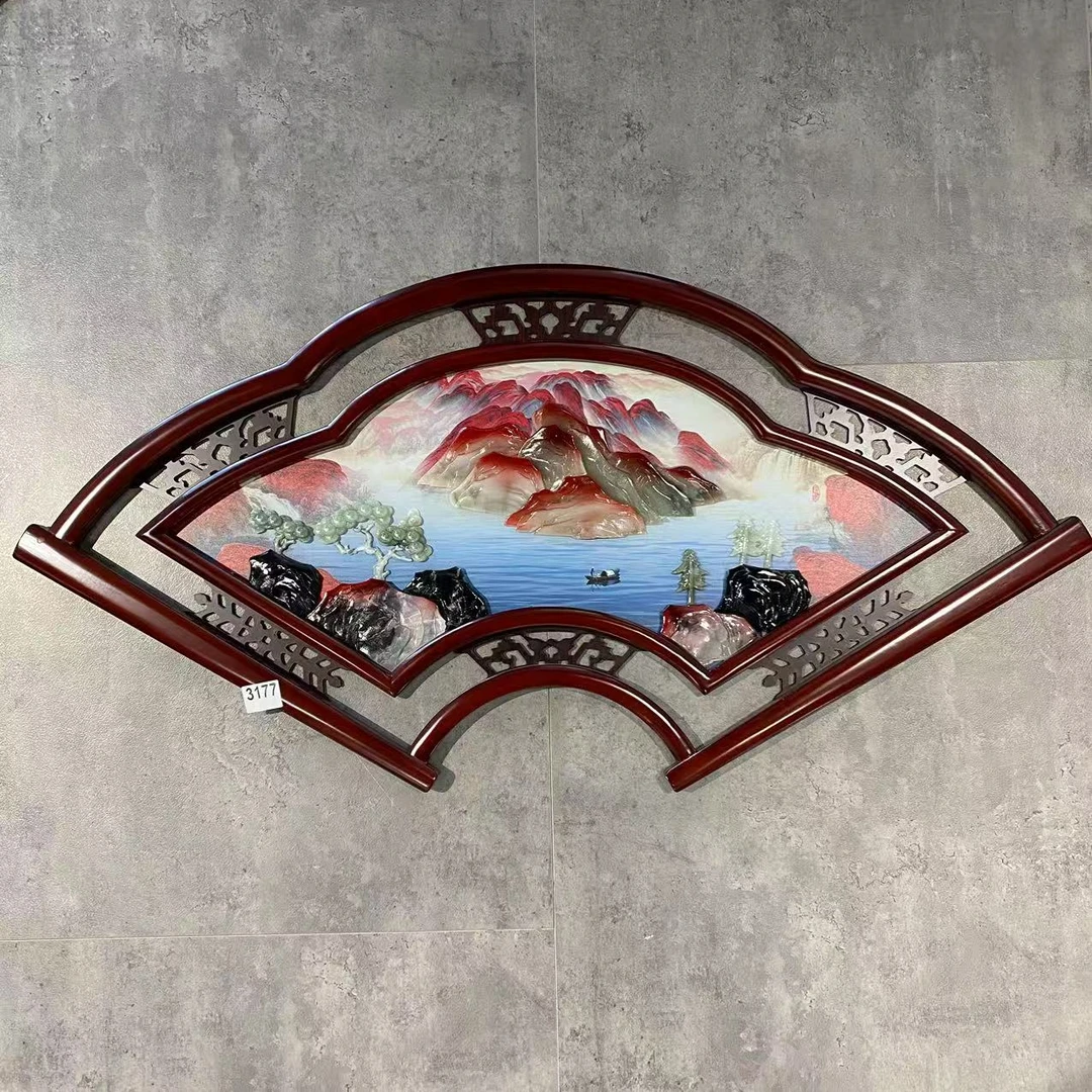58*117鸿运当头小扇形（3177）实木双框玉雕画天然玉石中式品牌展示