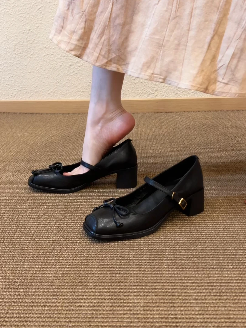 Pokoy-5cm蝴蝶结玛丽珍鞋粘胶鞋简约单鞋方头中跟防滑蝴蝶