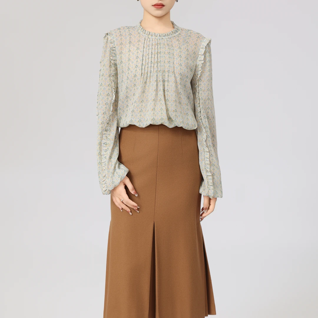 GIRDEAR/哥弟新款圆领小飞袖衬衫复古夏季百搭荷叶边衬衣1301039