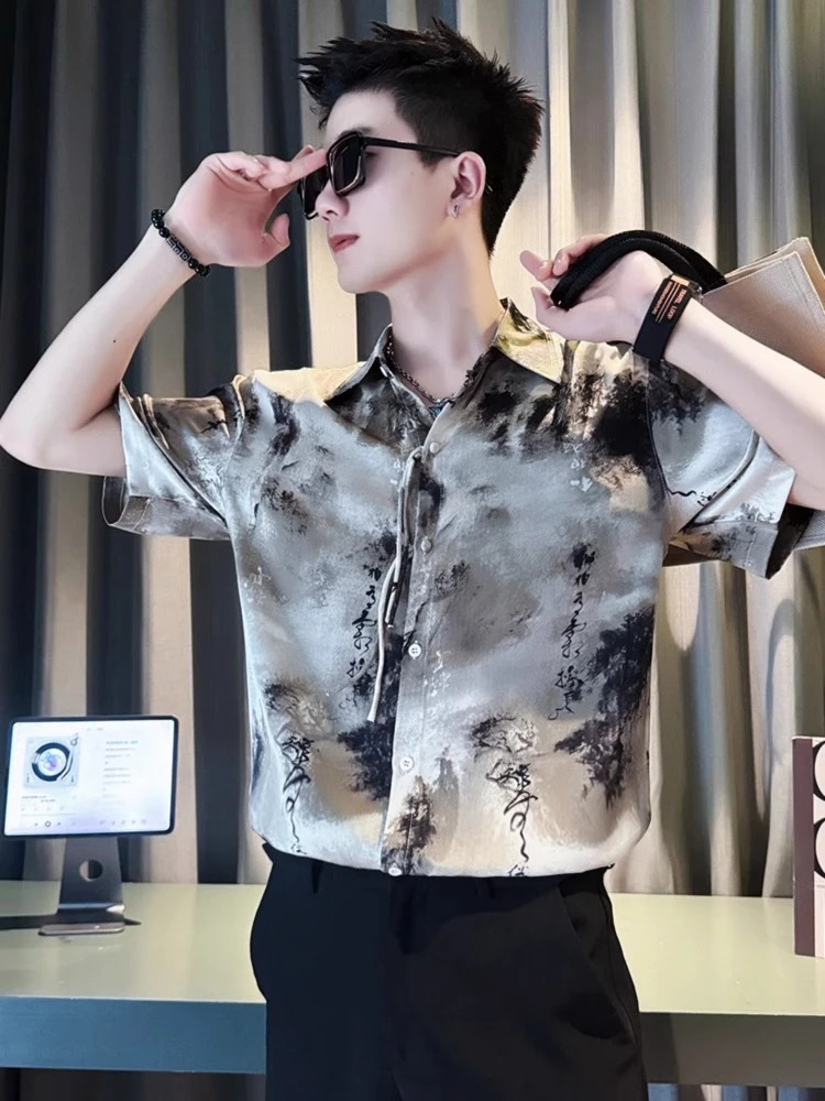 新中式速干短袖衬衫男国风水墨山水寸衫2025新款夏季薄款半袖衬衣