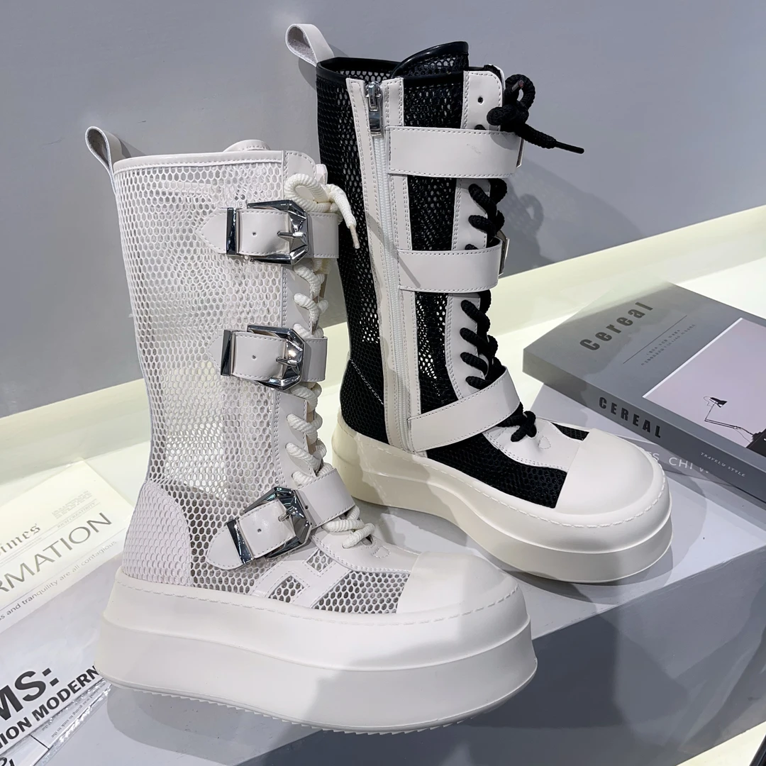 【小涵家】夏季新款欧洲站小众网面镂空厚底增高【7cm】中筒时装靴ins