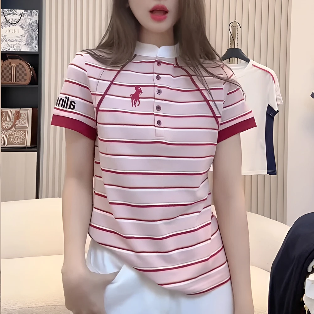 纯棉洋气衣服女条纹休闲t恤女夏季新款宽松百搭单排扣短袖设计T恤