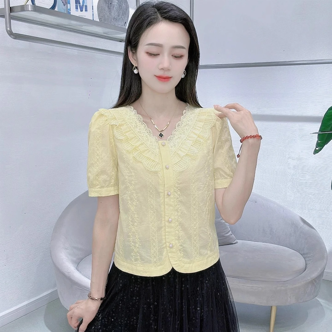 法式蕾丝衫女2025夏季新款设计感小众V领百搭短袖小衫洋气上衣潮