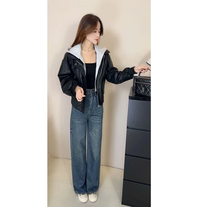 名媛风气质洋气撞色连帽PU皮夹克外套女显瘦外套潮