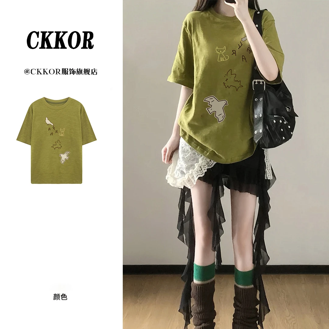 CKKOR夏季新款简约卡通t恤女韩版百搭时尚宽松显瘦小众高级感上衣