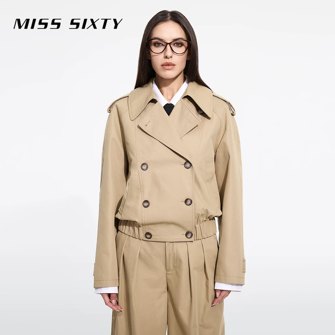 Miss Sixty2025春季新款风衣外套女双排扣宽松短款复古卡其色
