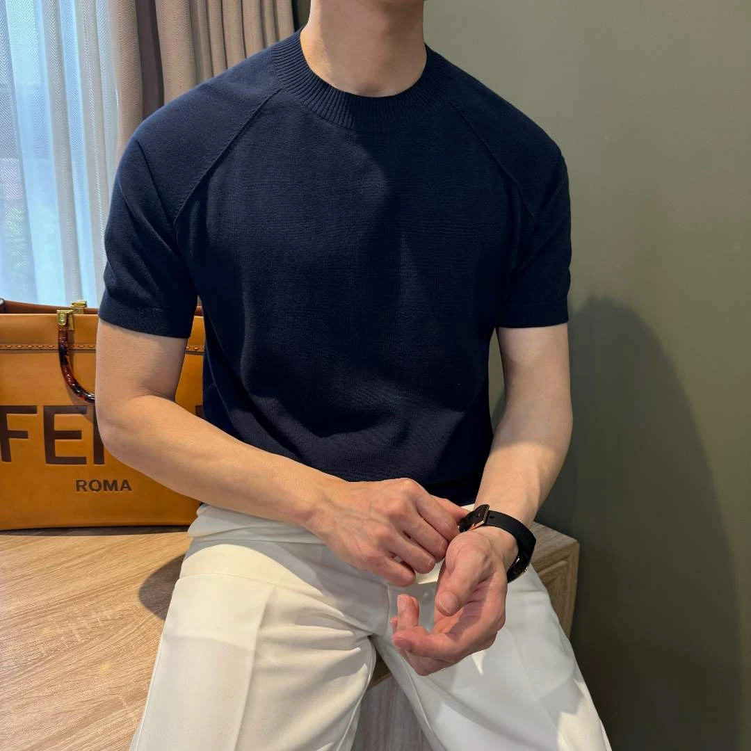 WUSHE物社【 100%纯棉】高品质14针男士休闲针织短袖T恤针织打底衫