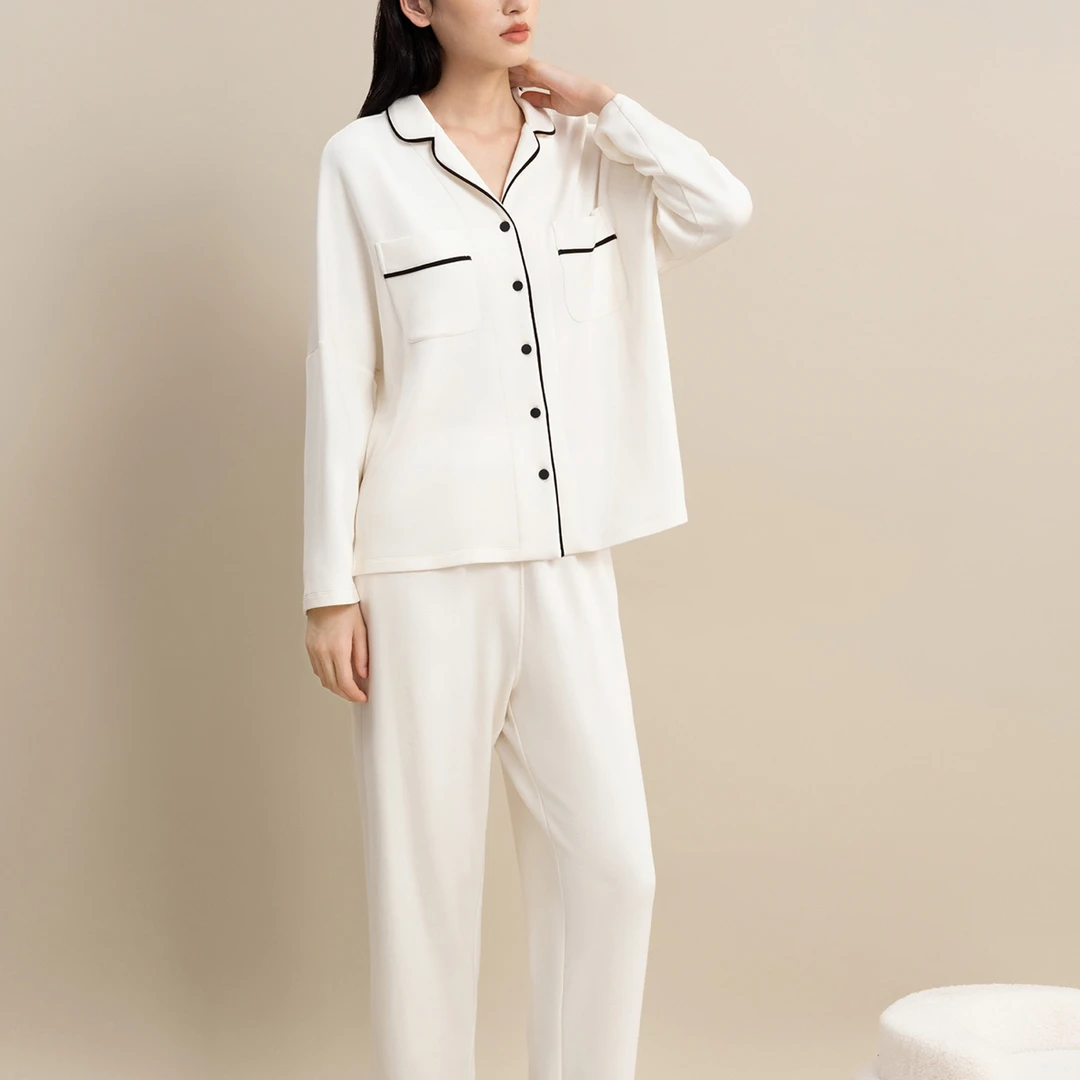 宽画混棉莫代尔针织睡衣春秋长袖套装女士男士情侣款家居服