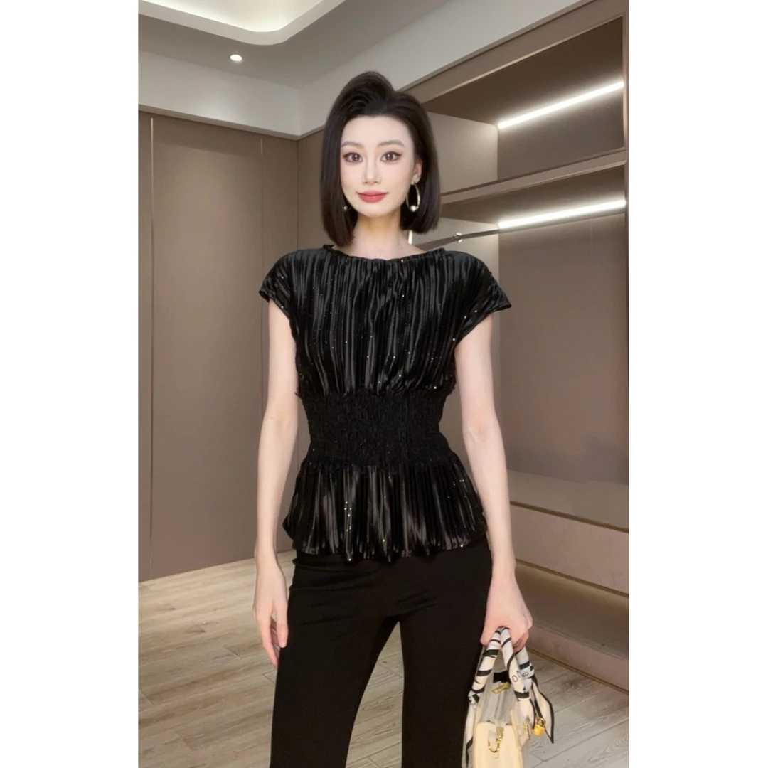 琦哥【巴黎昼夜】重工压褶百褶亮片松紧腰打揽束腰显瘦上衣82034