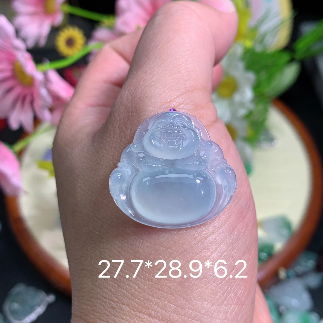 缅甸翡翠A货冰种蓝底佛公O吊坠挂件水润百搭精致玉冰百搭雕刻高品