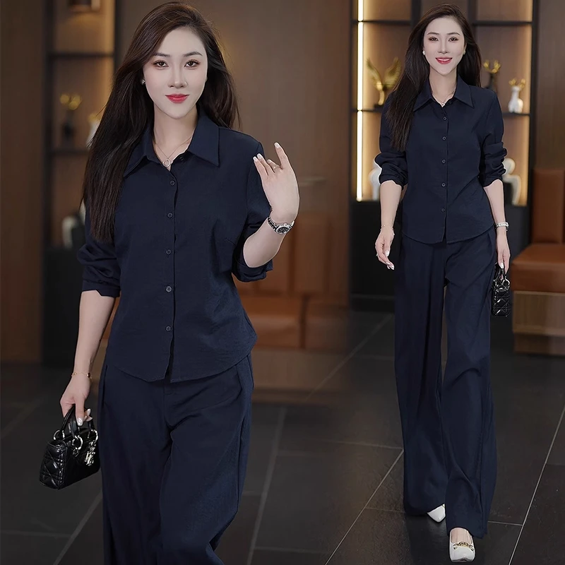 时尚气质套装女2025秋季新款洋气显瘦收腰衬衫阔腿裤休闲两件套潮