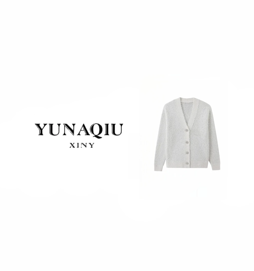 YUNAQIU-奶油纱毛针织常规版V领长袖开衫-9883