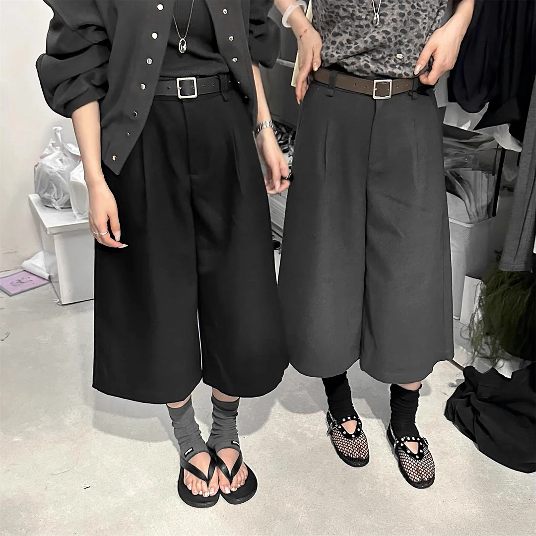韩系复古纯色毛呢宽松阔腿七分裤女2025秋季新款小个子高腰直筒裤