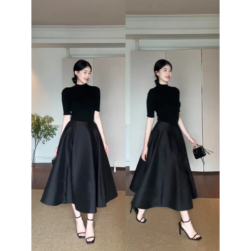 MARIE.COCO赫本风时尚套装纯色正肩五分袖上衣秋季收腰法式小黑裙