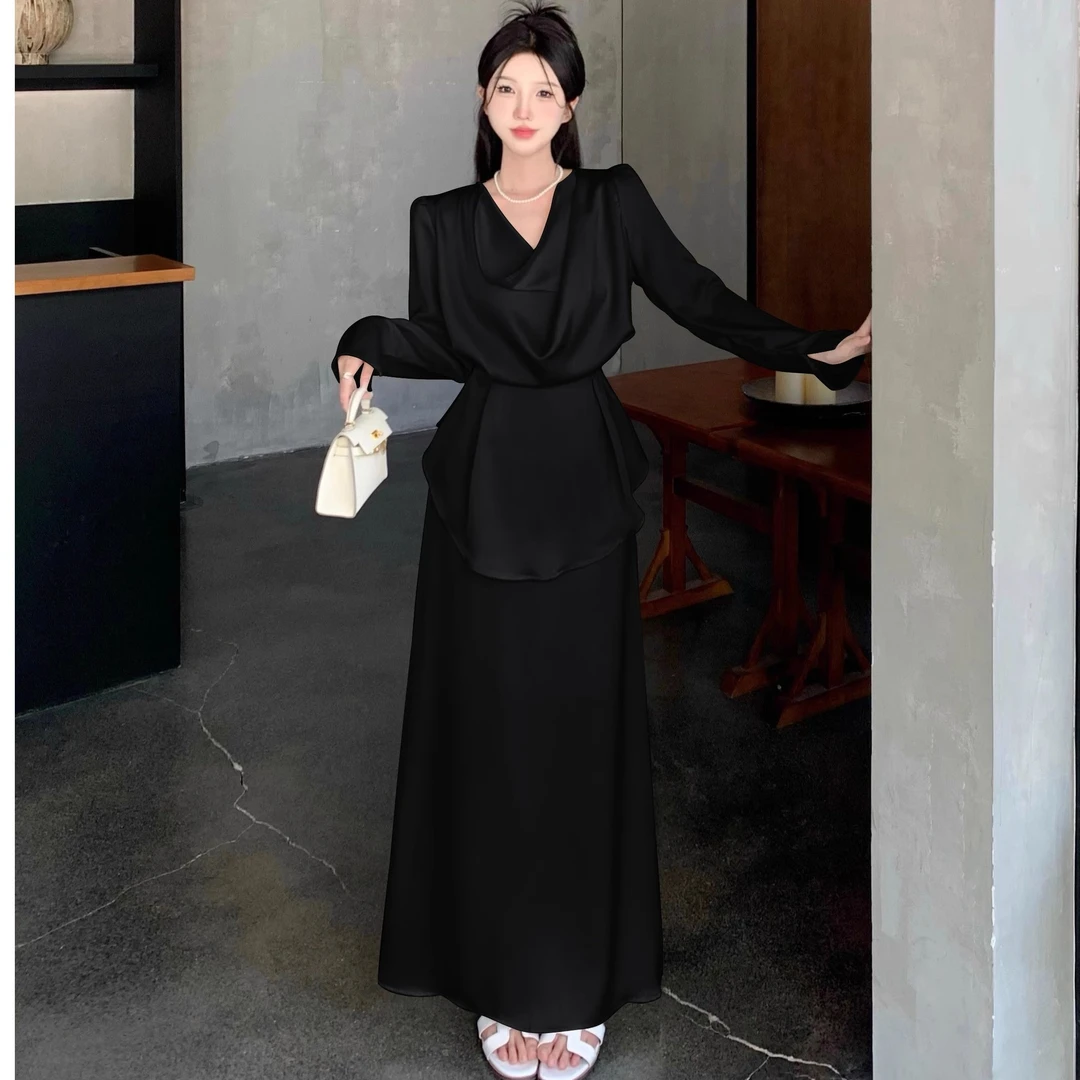 法式缎面气质高级感荡领长袖女2025早春新款高腰垂感半身裙两件套