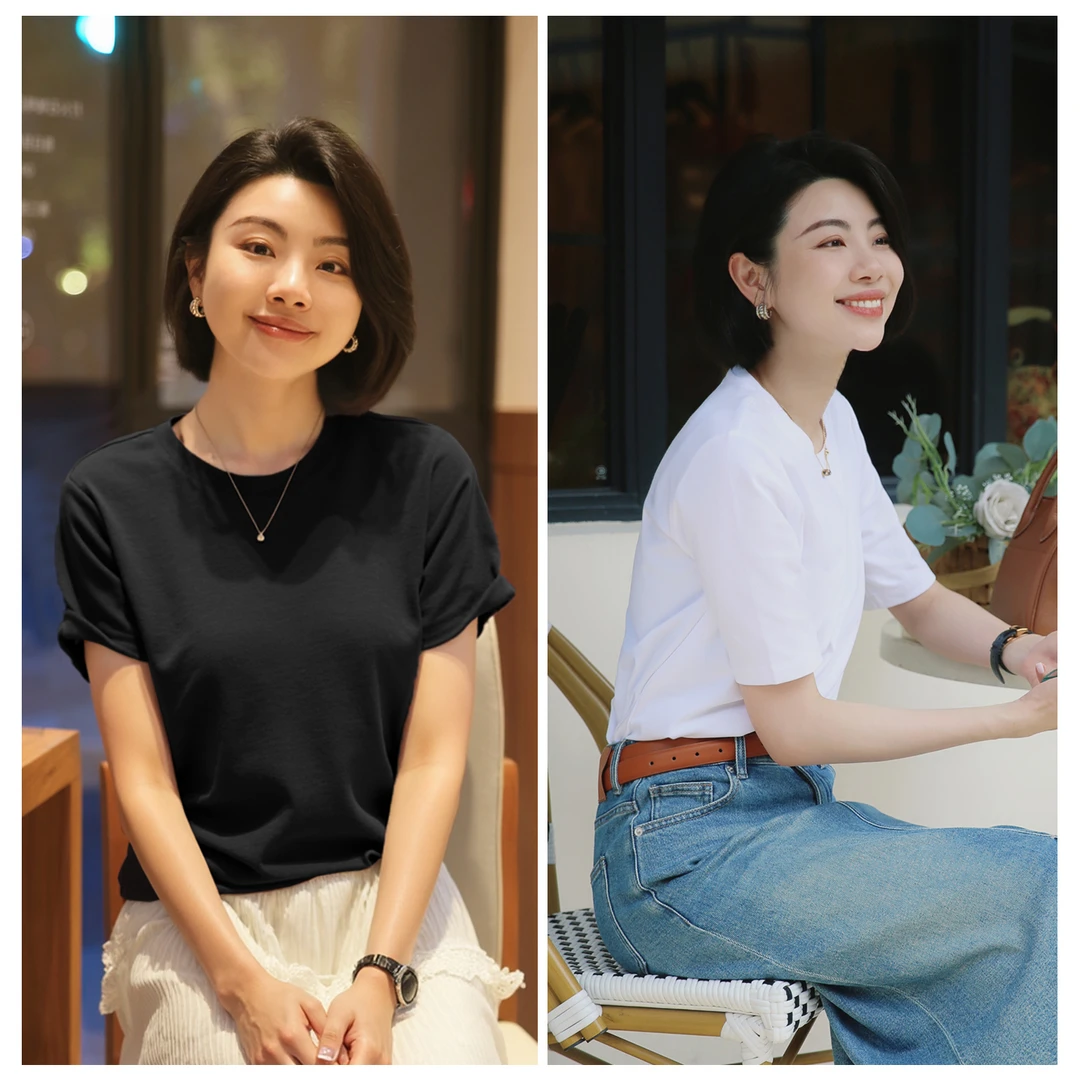 大洪洪【显高T】25秋季新款百搭正肩短袖T恤女褶皱下摆上衣圆领T恤