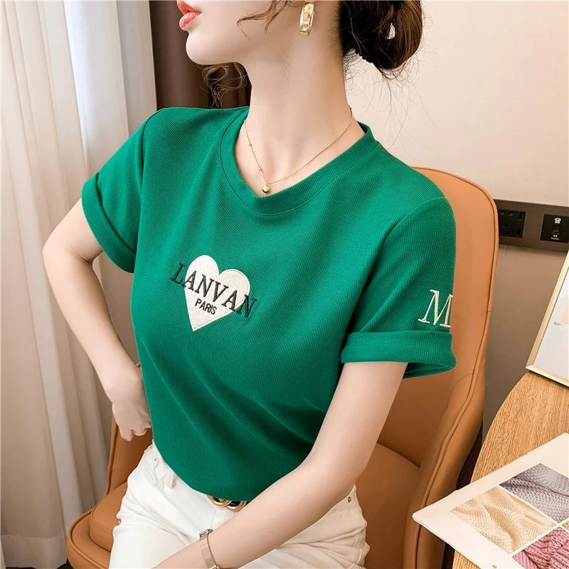 夏季字母重工刺绣爱心宽松圆领纯棉短袖潮INS甜美小清新百搭T恤女